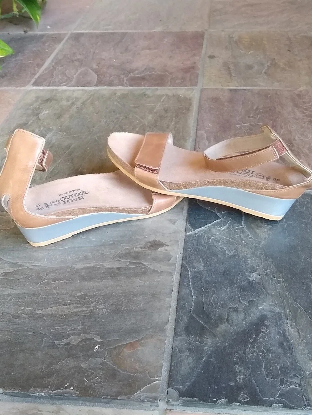 Naot Tan Leather Ankle-Strap Wedge Sandals with Cork Footbed